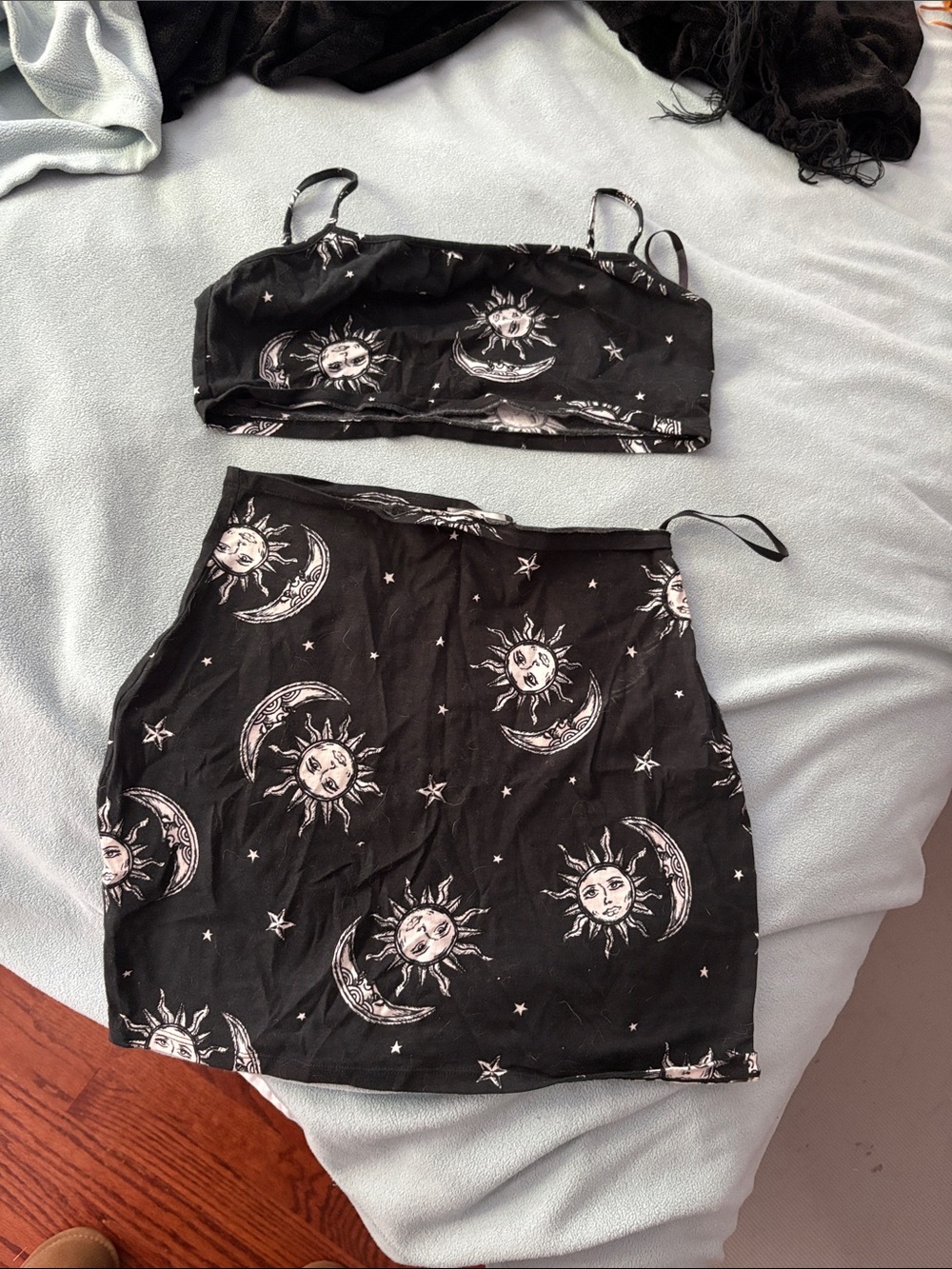 Motel Rocks Black Sun & Moon Print Two-Piece Skirt Set